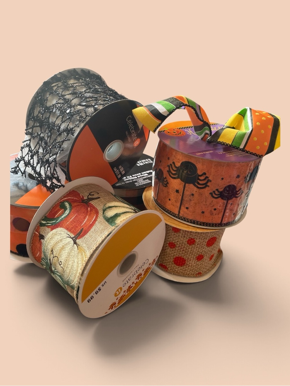 Fall and Halloween Festive Orange & Multi-Color Decorative Ribbon Bundle